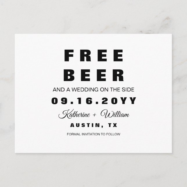 Freies Bier lustiges einfaches Wedding Save the Ankündigungspostkarte (Vorderseite)