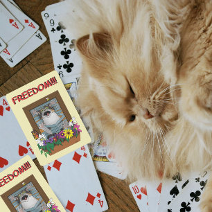 Freiheit Flucht Lustige Katze Gelbe Blumen Fenster Spielkarten