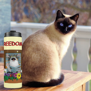 Freiheit Flucht Lustige Katze Gelbe Blumen Fenster Thermosbecher