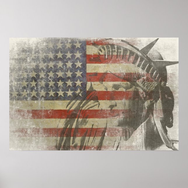 Freiheitsstatue auf Vintager amerikanischer Flagge Poster (Vorne)
