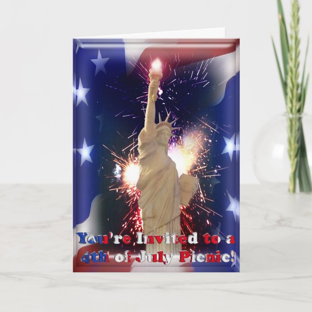 Freiheitsstatue, Feuerwerk und amerikanische Flagg Einladung (Vorderseite)