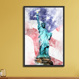 Freiheitsstatue mit Flagge Wasserfarbe Poster