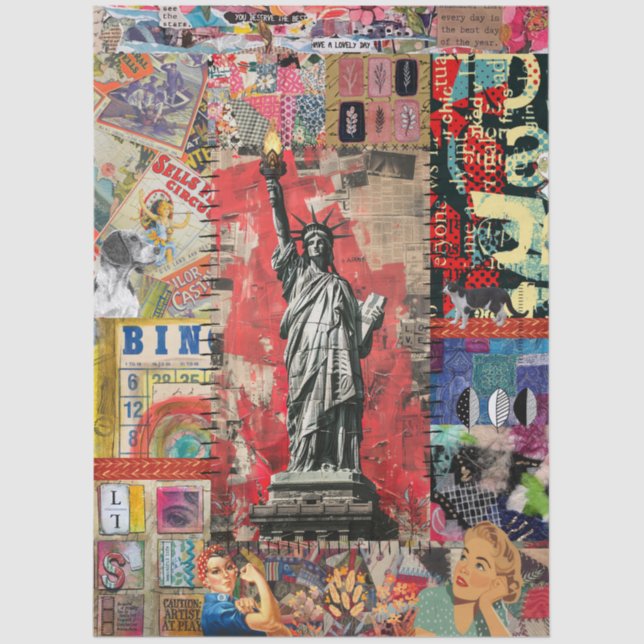 Freiheitsstatue, Mixed Media Collage Art Seidenpapier (Vorderseite)