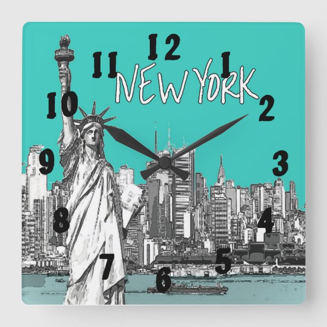 Freiheitsstatue New York Amerika Aquamarin Quadratische Wanduhr (Vorderseite)