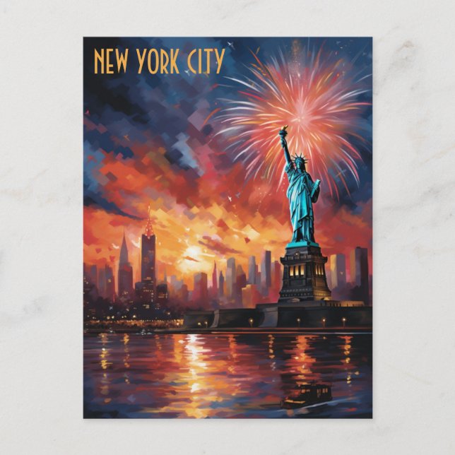 Freiheitsstatue New York City Feuerwerk Travel Postkarte (Vorderseite)
