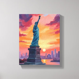 Freiheitsstatue NYC-Silhouette Sonnenuntergang Aqu Leinwanddruck
