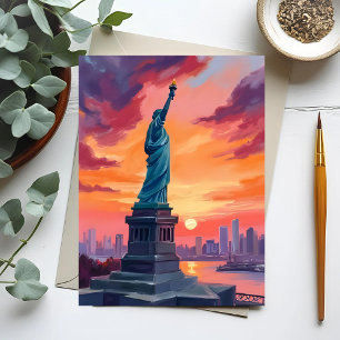Freiheitsstatue NYC Skyline Sonnenuntergang Aquare Postkarte