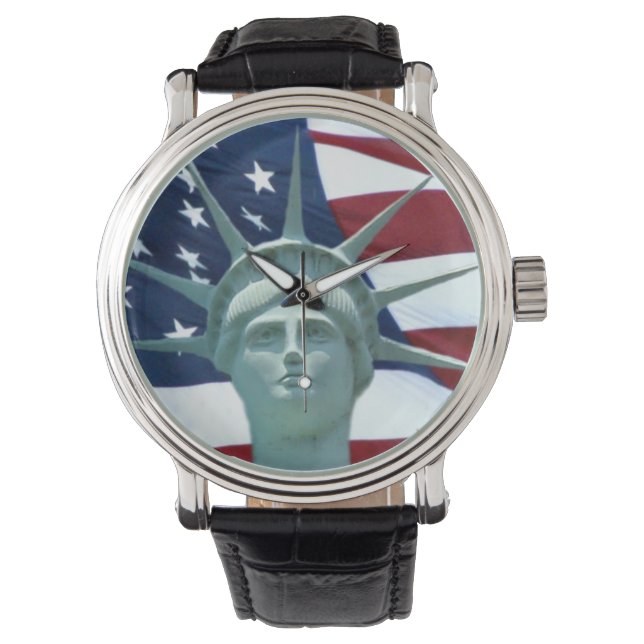 Freiheitsstatue und amerikanische Flagge Armbanduhr (Vorderseite)