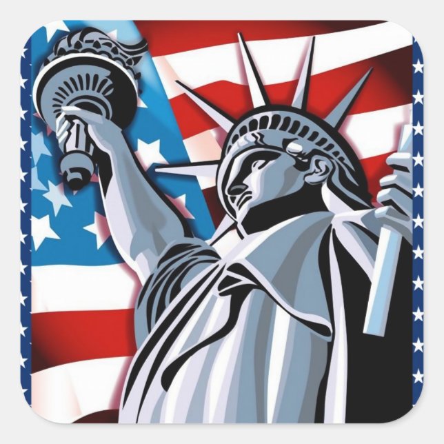 Freiheitsstatue und amerikanische Flagge Quadratischer Aufkleber (Vorderseite)