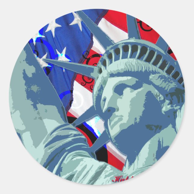 Freiheitsstatue und Patriotische amerikanische Fla Runder Aufkleber (Vorderseite)