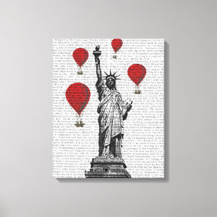 Freiheitsstatue und roter Heißluftballon Leinwanddruck