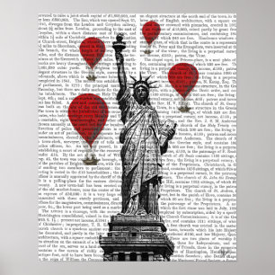 Freiheitsstatue und roter Heißluftballon Poster