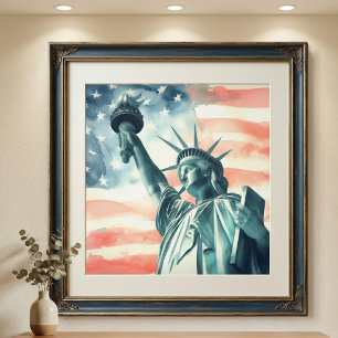 Freiheitsstatue unter amerikanischer Flagge Fotodruck