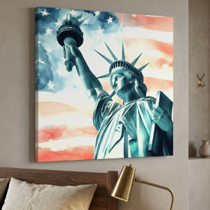 Freiheitsstatue unter amerikanischer Flagge Leinwanddruck