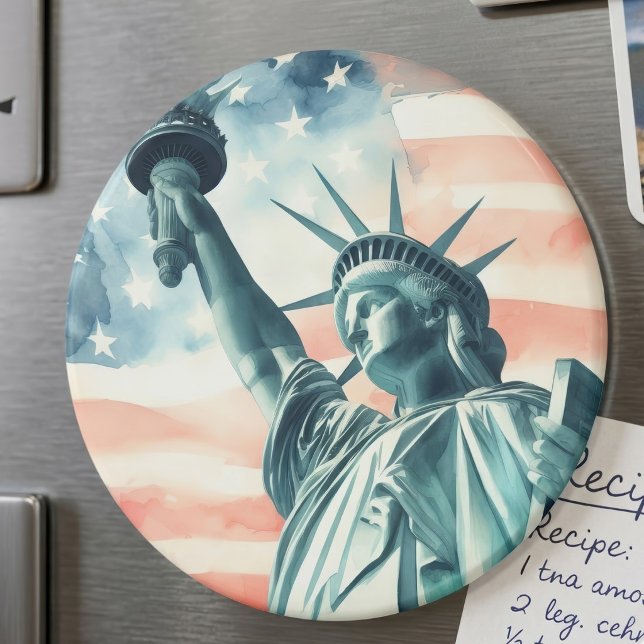 Freiheitsstatue unter amerikanischer Flagge Magnet (Watercolor Statue of Liberty with American flag. Magnet)