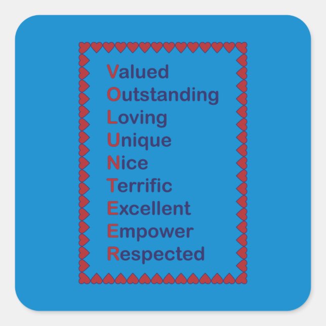 Freiwillige Typografie Red Hearts Blue Background Quadratischer Aufkleber (Vorderseite)