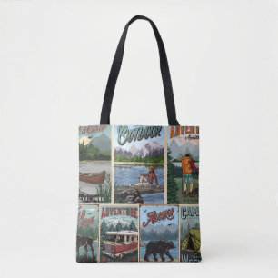 Freizeit Vintage Plakate Set mit Kanu  Tasche