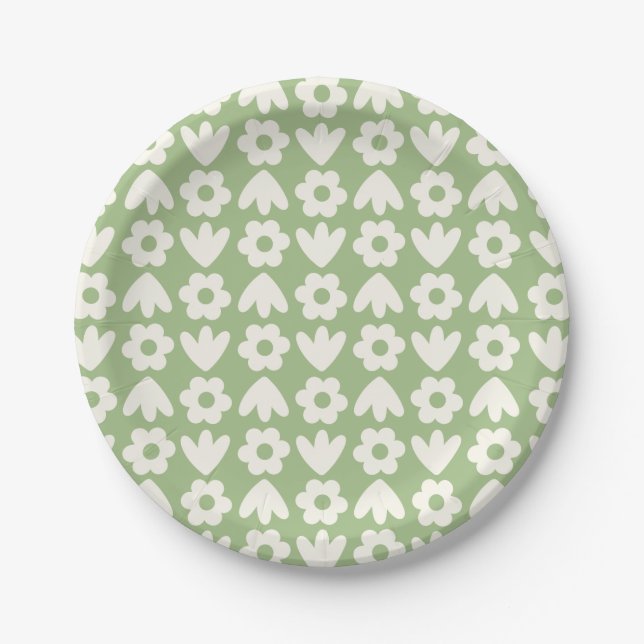 Freja Blume Blumenmuster Sage Green und Creme Pappteller (Vorderseite)