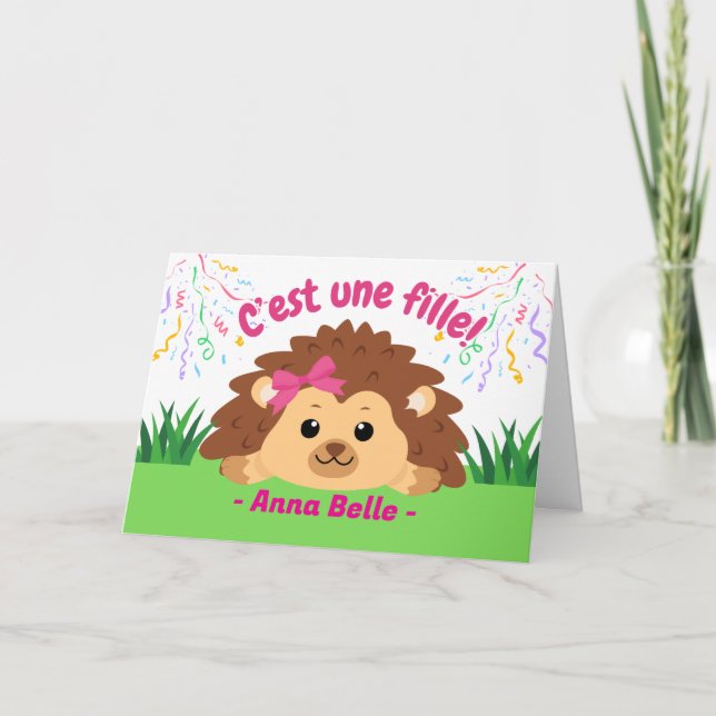 French Baby Girl Herzlichen Glückwunsch an Igel Karte (Vorderseite)