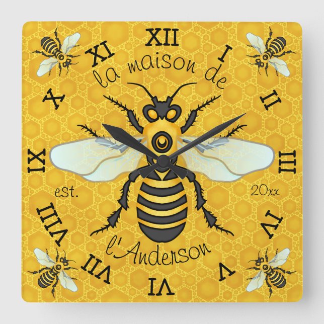 French Bee Honeycomb Familie Name Elegant Honeybee Quadratische Wanduhr (Vorderseite)