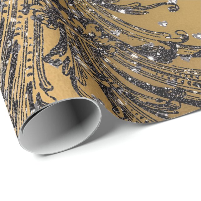 French Black Lace Royal Floral Hearts Damask Gold Geschenkpapier (Rolleneckpunkt)