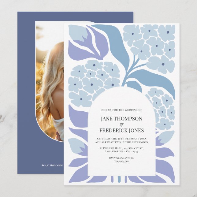French Blue Abstract Floral Modern Spring Wedding Einladung (Vorne/Hinten)