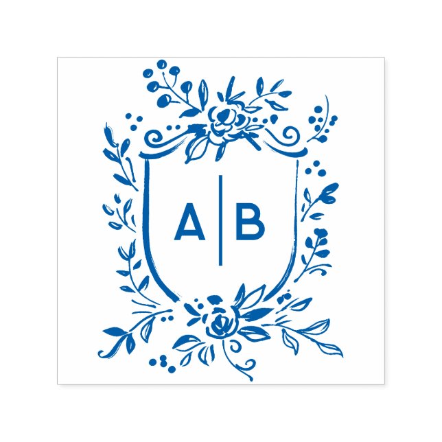 French Blue Botanical Crest Wedding Monogram Permastempel (Design)