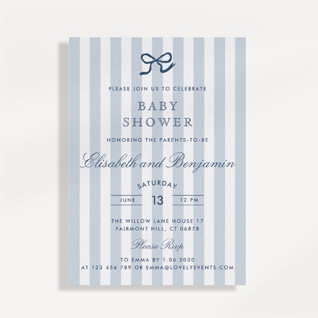 French Blue Bow & Stripes Baby Dusche Einladung (Von Creator hochgeladen)