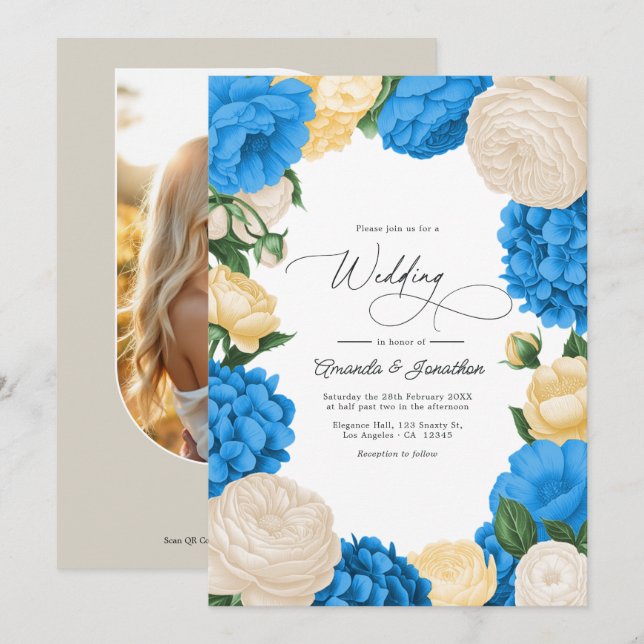 French Blue/Buttercream & Soft Gold Floral Wedding Einladung (Vorne/Hinten)