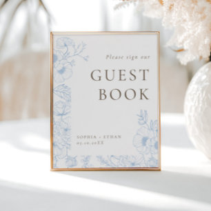 French Blue Floral Line Art Guest Book Poster