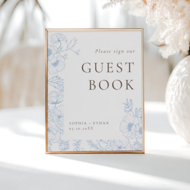 French Blue Floral Line Art Guest Book Poster (Von Creator hochgeladen)