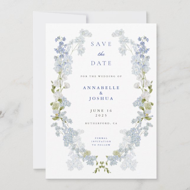 French Blue Florals Wedding Save the Date (Vorderseite)