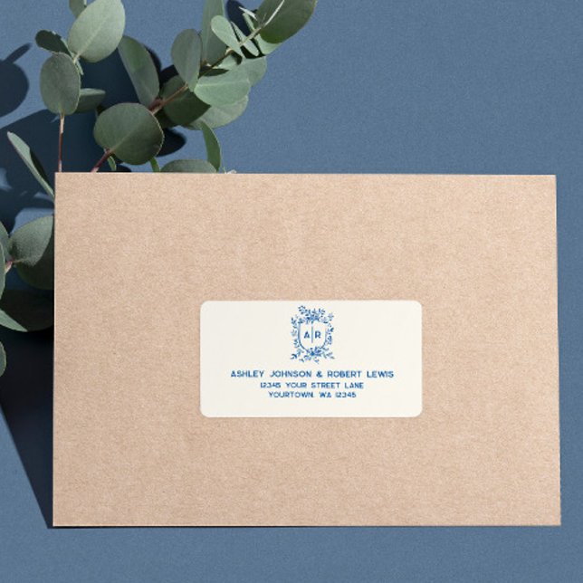 French Blue Monogram Crest Wedding RSVP Address Adressaufkleber (Von Creator hochgeladen)