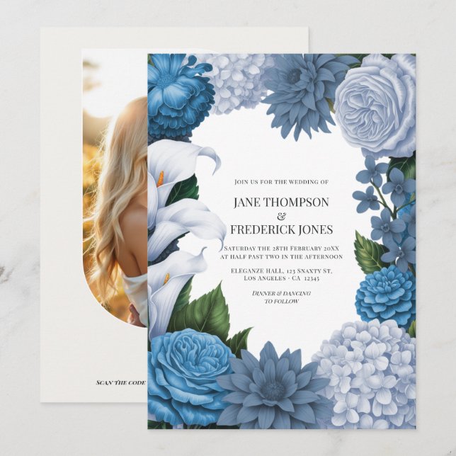 French Blue, Storm Slate & Petal Fog Wedding Einladung (Vorne/Hinten)