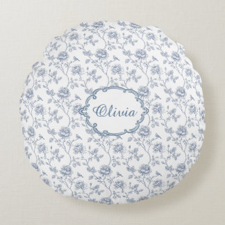 French Blue Toile Chinoiserie Floral Girls Name Rundes Kissen