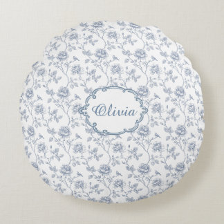 French Blue Toile Chinoiserie Floral Girls Name Rundes Kissen