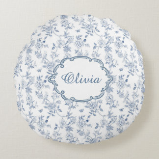 French Blue Toile Chinoiserie Floral Girls Name Rundes Kissen