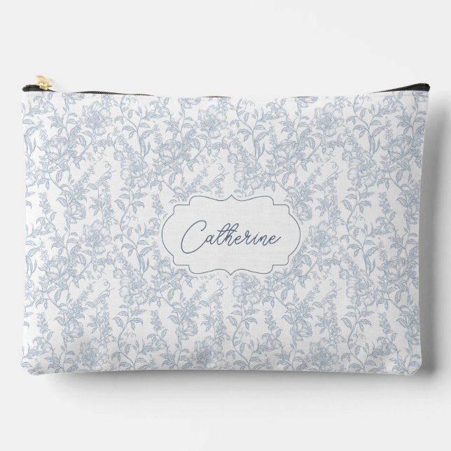 French Blue Toile Floral Lace Personalized Zubehörtasche (Vorderseite)