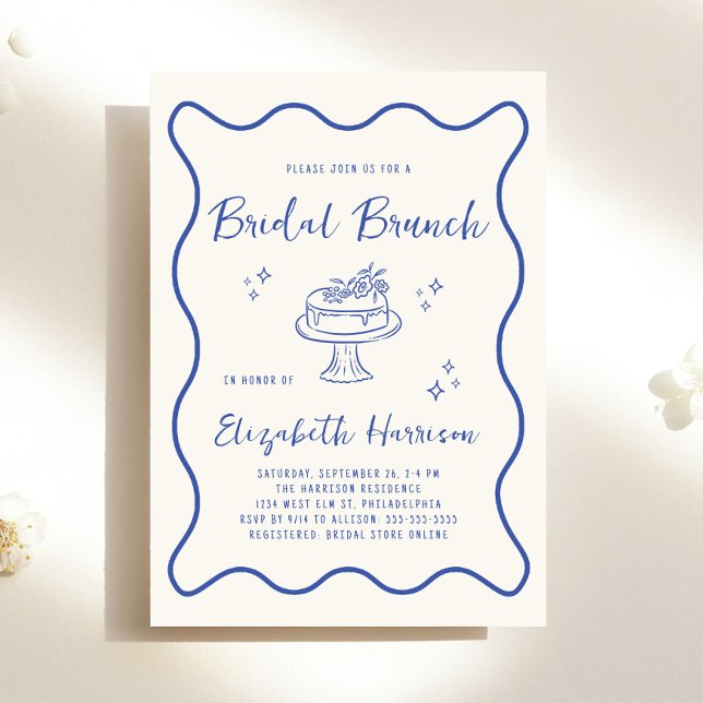 French Blue Wavy Frame Cream Bridal Brunch Shower Einladung (French Blue Wavy Frame Cream Bridal Brunch Shower Invitation)