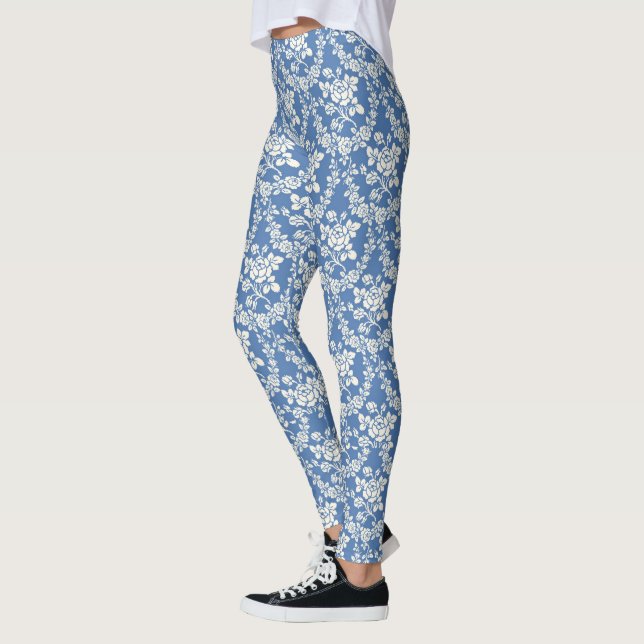 French Blue White Floral Pattern Botanical Chic Leggings (Links)
