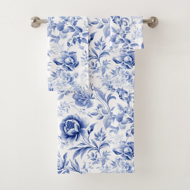 French Blue White Floral Toile Muster Geschenk Badhandtuch Set (Insitu)