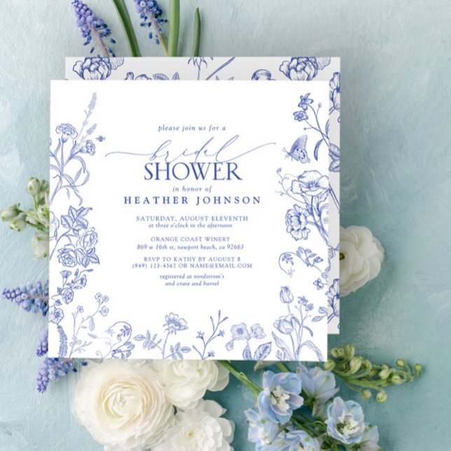 French Blue & White Victorian Floral Bridal Shower Einladung (Easily personalize this beautiful bridal shower invitation for a gorgeous Regency style shower!)
