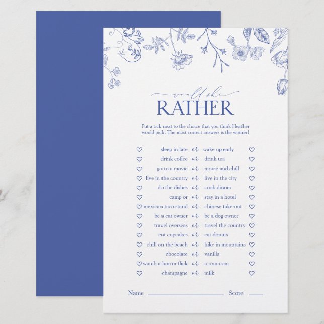 French Blue & White Viktorianisch Brautparty Game (Vorne/Hinten)