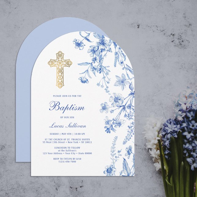 French Blue Wildflowers Arch Baptism Einladung (Von Creator hochgeladen)