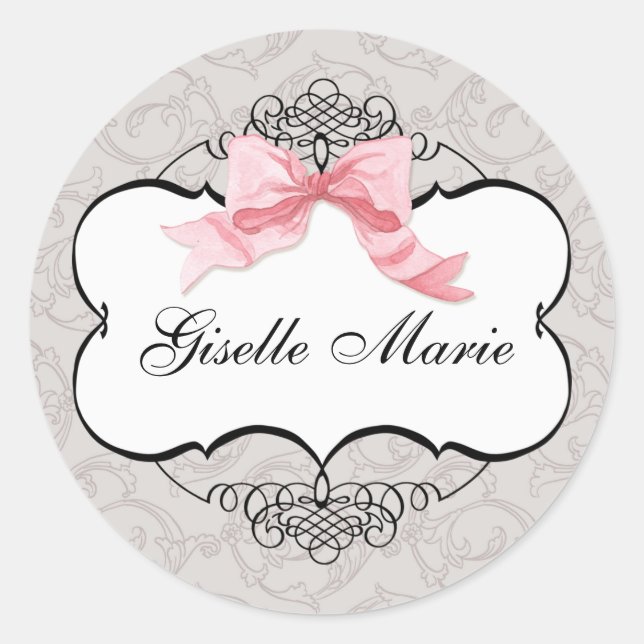 French Bow Damask Swirl, Girl Baby Shower Siegel Runder Aufkleber (Vorderseite)