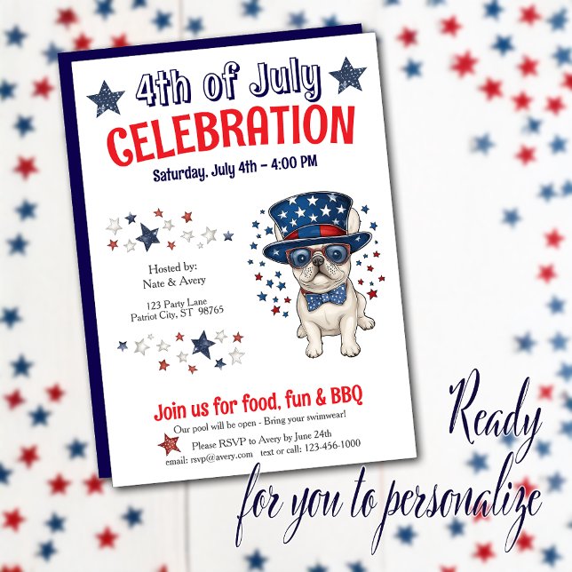 French Bulldog 4 juillet Party BBQ Invitation (This whimsical design captures hearts with a charming Frenchie dressed in true patriotic spirit.)