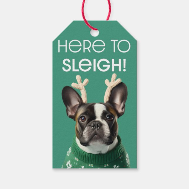 French Bulldog & Antlers "Here to Sleigh" Geschenk Geschenkanhänger (Vorderseite)
