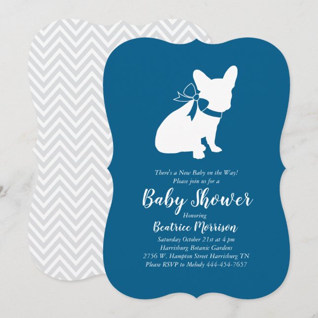 French Bulldog Baby Dusche Frenchy Frenchie Blue Einladung (Vorne/Hinten)
