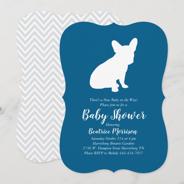 French Bulldog Baby Dusche Frenchy Frenchie Blue Einladung (Vorne/Hinten)