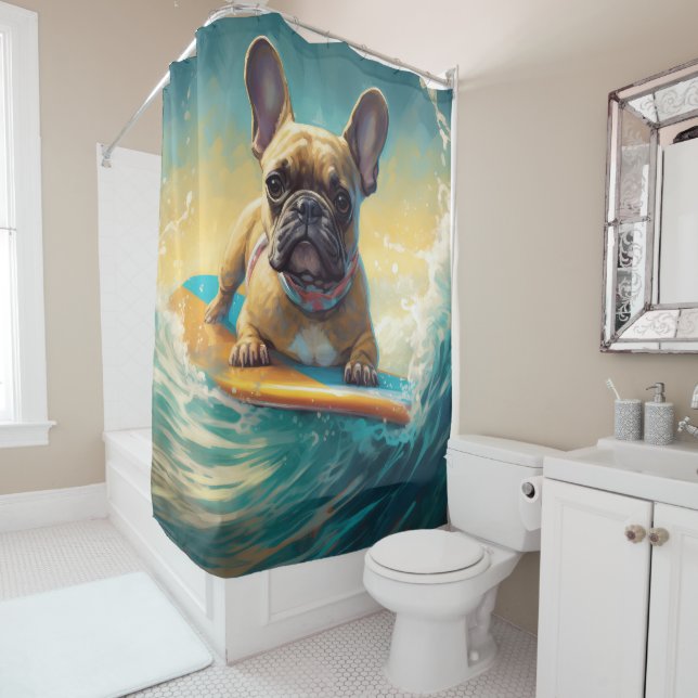 French Bulldog Beach Surfing Malerei Duschvorhang (Beispiel)